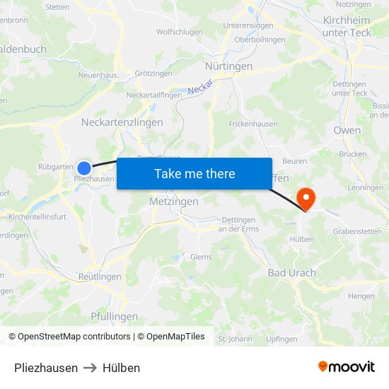 Pliezhausen to Hülben map