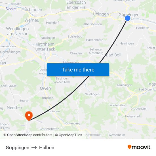 Göppingen to Hülben map