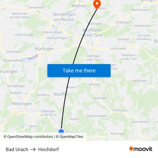 Bad Urach to Hochdorf map