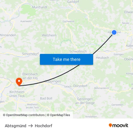 Abtsgmünd to Hochdorf map