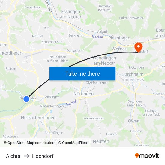 Aichtal to Hochdorf map