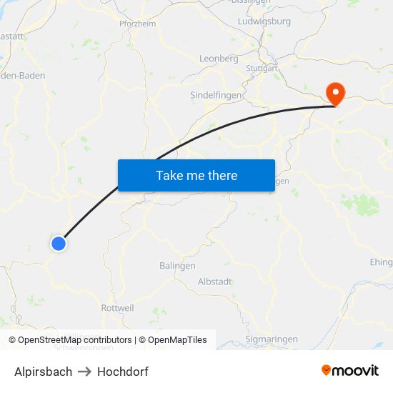 Alpirsbach to Hochdorf map