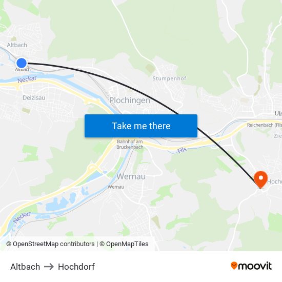 Altbach to Hochdorf map