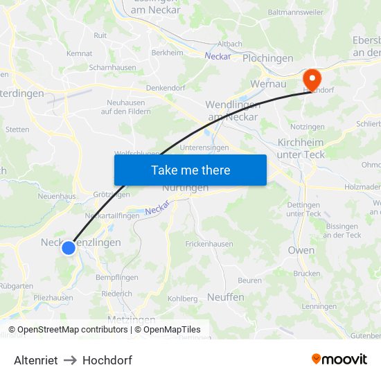 Altenriet to Hochdorf map