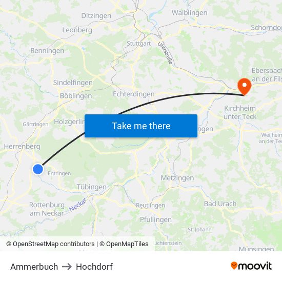 Ammerbuch to Hochdorf map