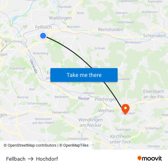 Fellbach to Hochdorf map