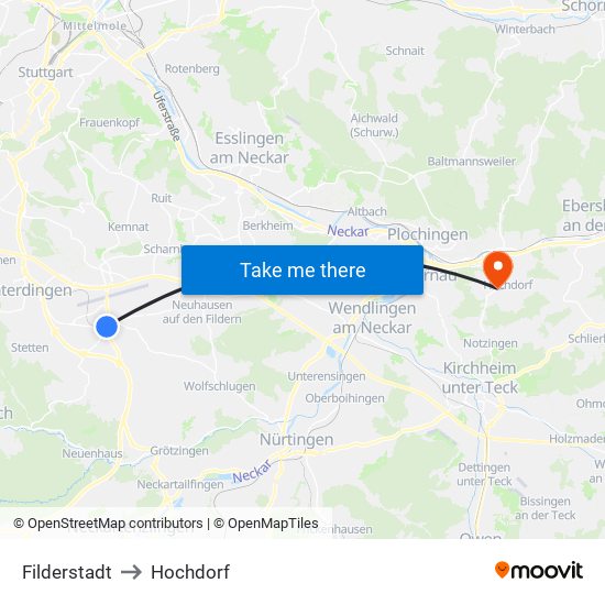 Filderstadt to Hochdorf map