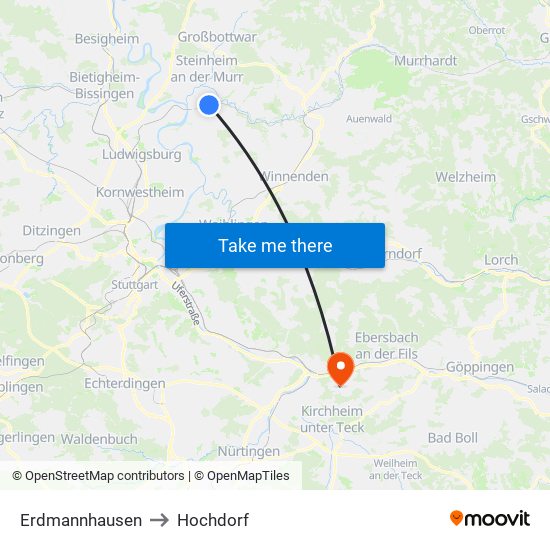 Erdmannhausen to Hochdorf map