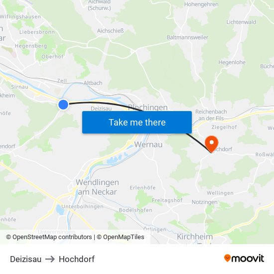 Deizisau to Hochdorf map