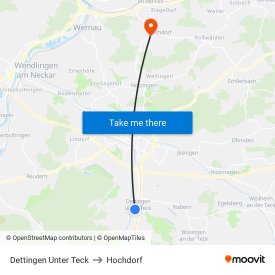 Dettingen Unter Teck to Hochdorf map