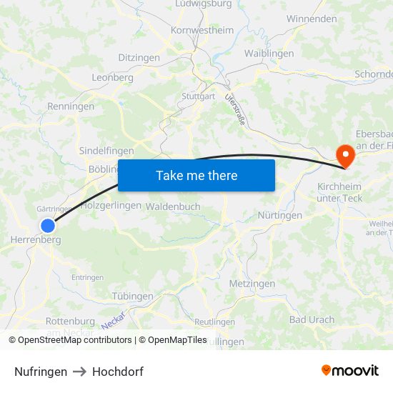 Nufringen to Hochdorf map