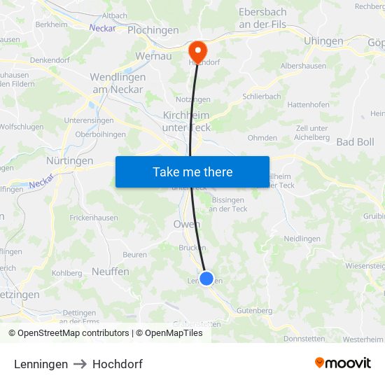 Lenningen to Hochdorf map