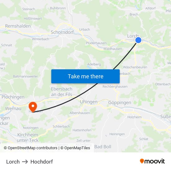 Lorch to Hochdorf map