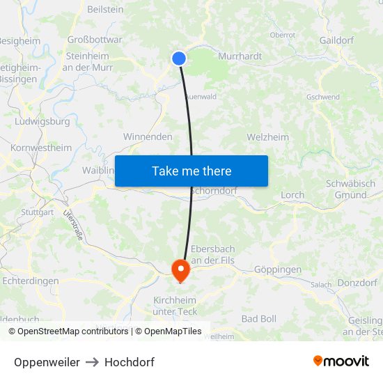 Oppenweiler to Hochdorf map