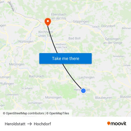 Heroldstatt to Hochdorf map