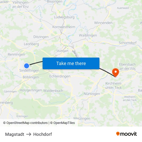 Magstadt to Hochdorf map