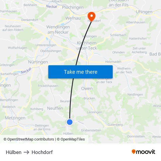 Hülben to Hochdorf map