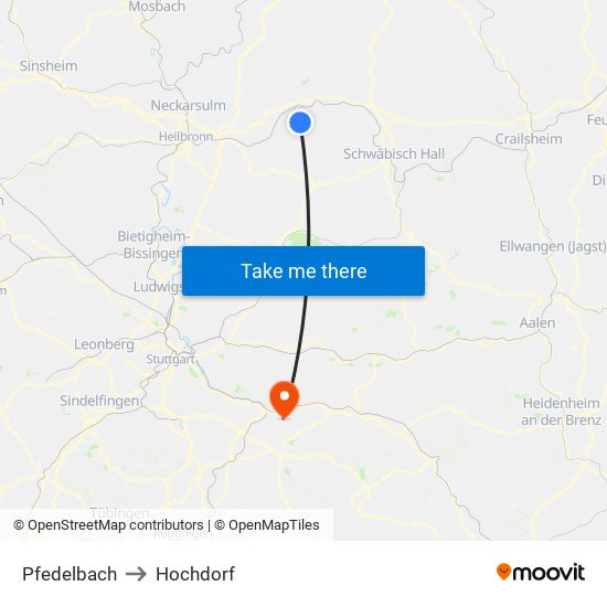 Pfedelbach to Hochdorf map