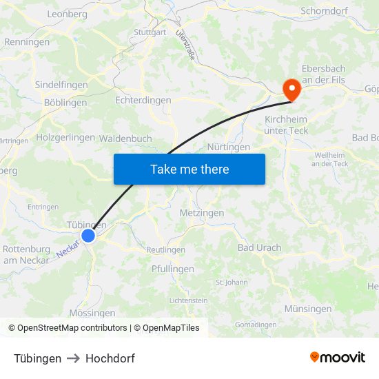 Tübingen to Hochdorf map