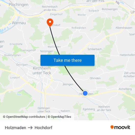 Holzmaden to Hochdorf map