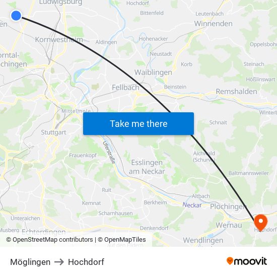 Möglingen to Hochdorf map
