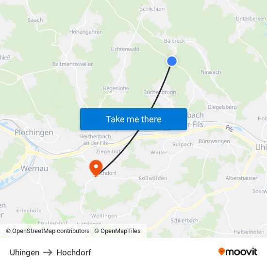 Uhingen to Hochdorf map