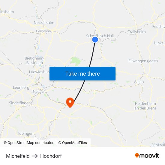 Michelfeld to Hochdorf map