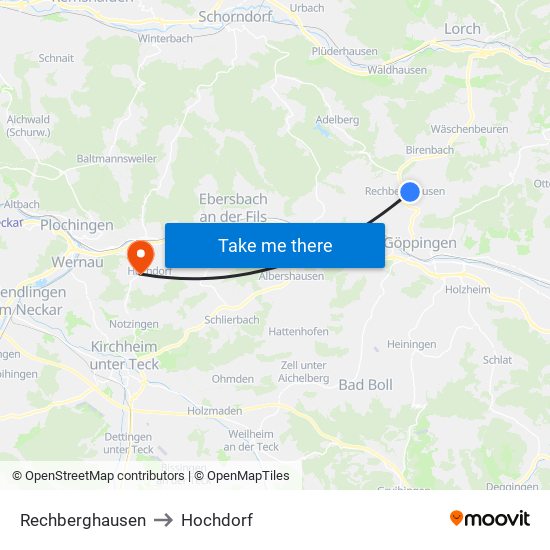 Rechberghausen to Hochdorf map
