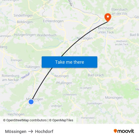 Mössingen to Hochdorf map