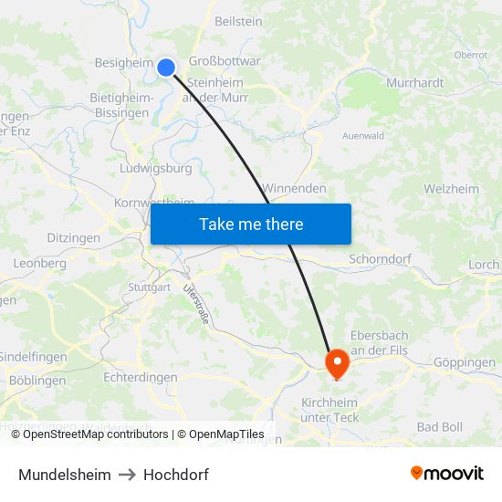 Mundelsheim to Hochdorf map