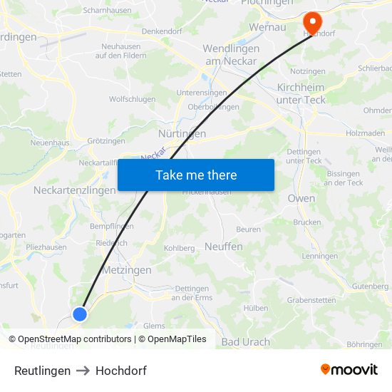 Reutlingen to Hochdorf map