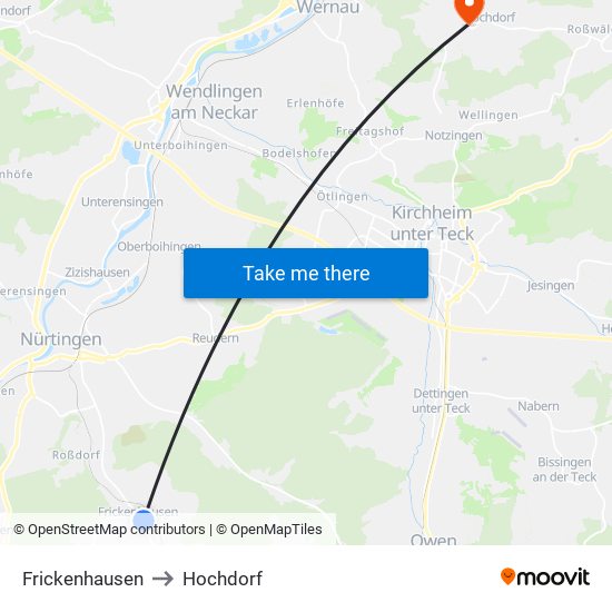 Frickenhausen to Hochdorf map