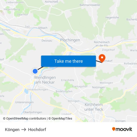 Köngen to Hochdorf map