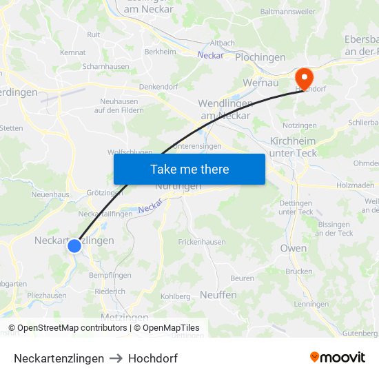 Neckartenzlingen to Hochdorf map