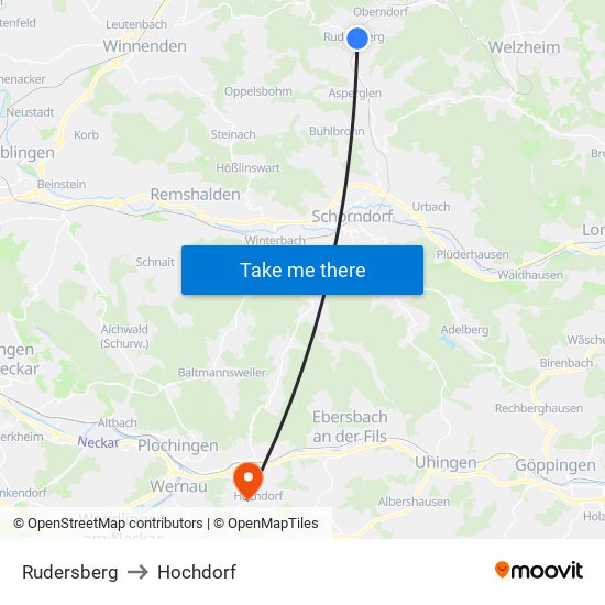 Rudersberg to Hochdorf map