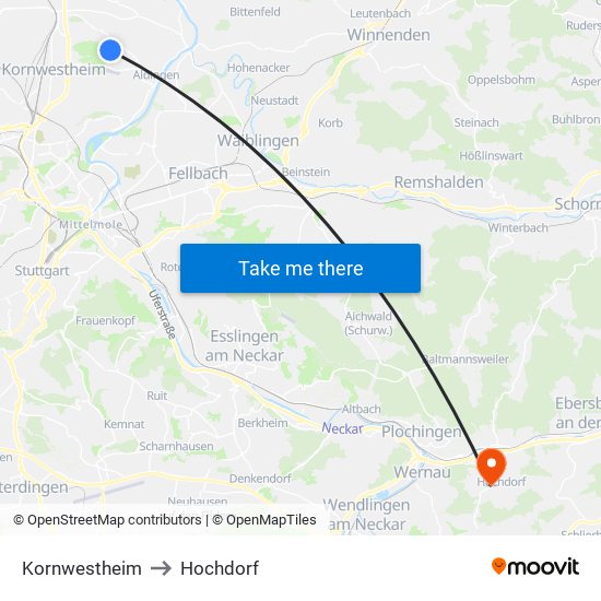 Kornwestheim to Hochdorf map