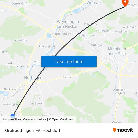 Großbettlingen to Hochdorf map