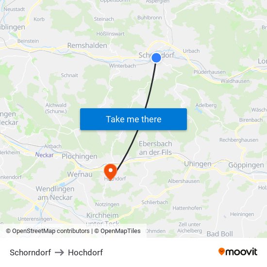 Schorndorf to Hochdorf map