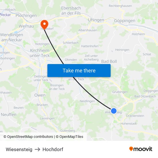 Wiesensteig to Hochdorf map