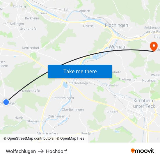 Wolfschlugen to Hochdorf map