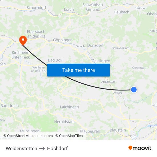 Weidenstetten to Hochdorf map