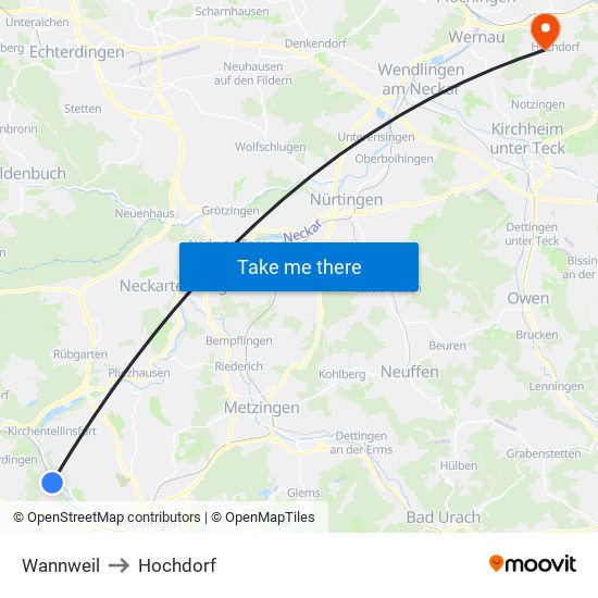 Wannweil to Hochdorf map