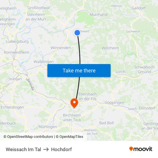 Weissach Im Tal to Hochdorf map