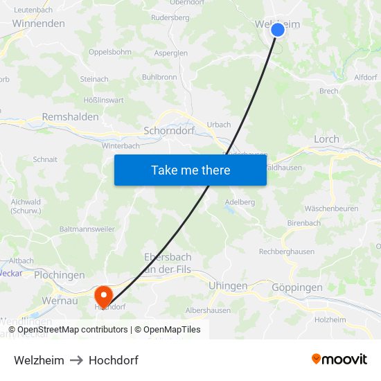 Welzheim to Hochdorf map
