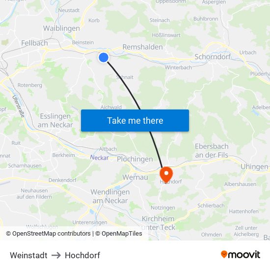 Weinstadt to Hochdorf map