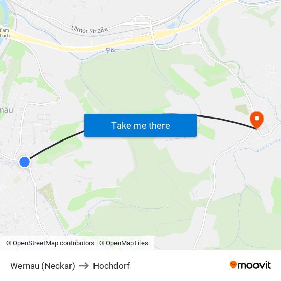 Wernau (Neckar) to Hochdorf map