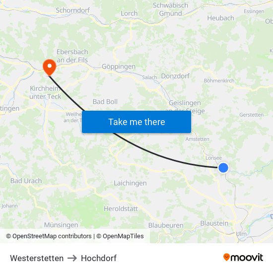 Westerstetten to Hochdorf map