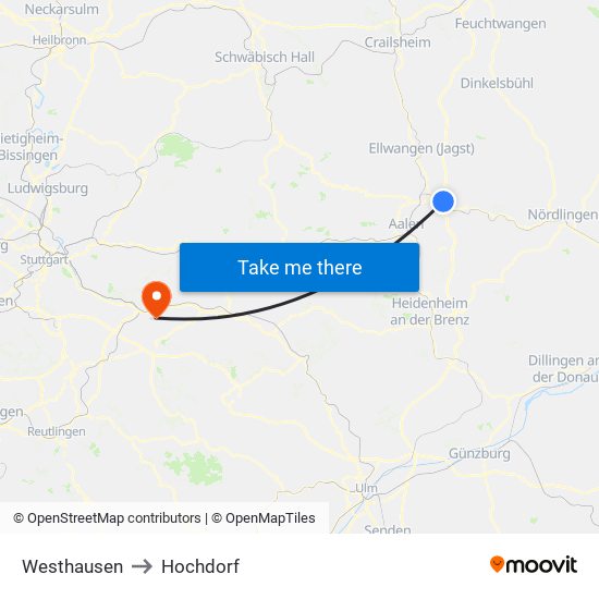 Westhausen to Hochdorf map