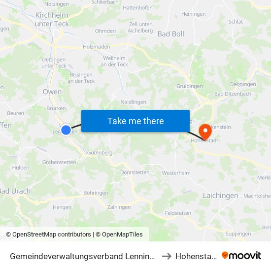 Gemeindeverwaltungsverband Lenningen to Hohenstadt map