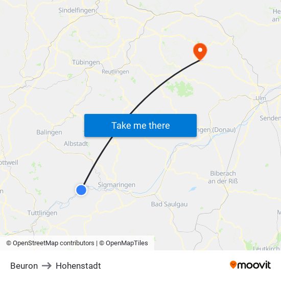 Beuron to Hohenstadt map